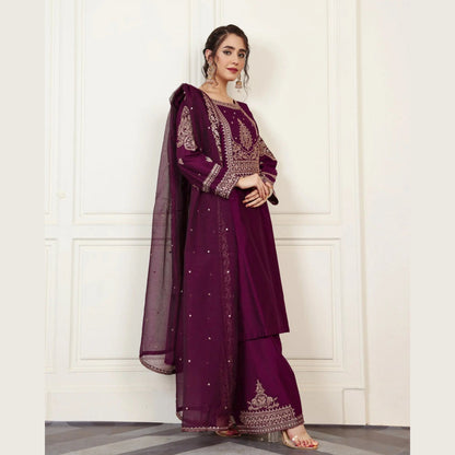 USP-05 Luxury Tilla Embroidered 3-Piece Suit with Organza Dupatta | Chambray Katan Party Wear by Sha Posh