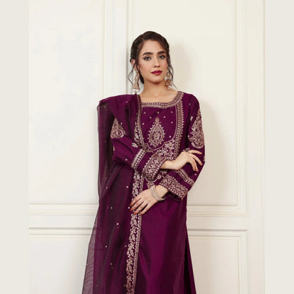 USP-05 Luxury Tilla Embroidered 3-Piece Suit with Organza Dupatta | Chambray Katan Party Wear by Sha Posh