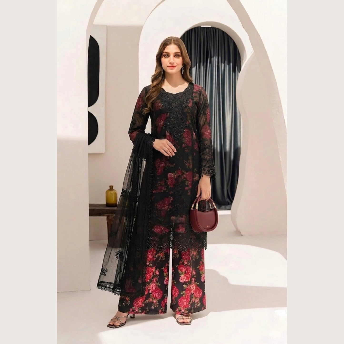 UA-184 Embroidered Chiffon 3-Piece with Printed Lining & Trouser