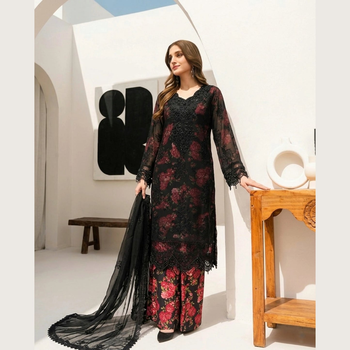 UA-184 Embroidered Chiffon 3-Piece with Printed Lining & Trouser