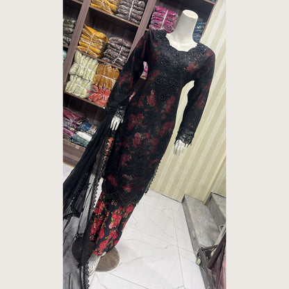 UA-184 Embroidered Chiffon 3-Piece with Printed Lining & Trouser