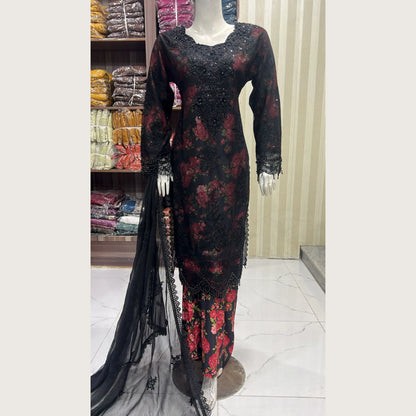 UA-184 Embroidered Chiffon 3-Piece with Printed Lining & Trouser