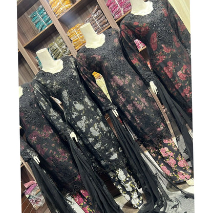UA-184 Embroidered Chiffon 3-Piece with Printed Lining & Trouser
