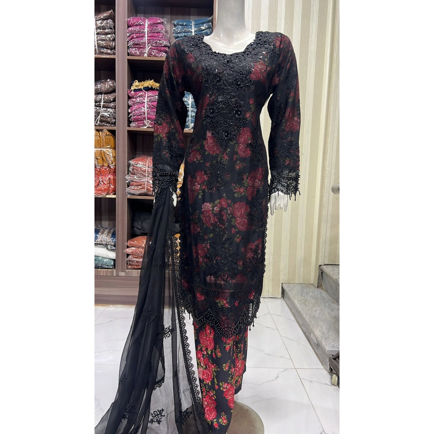 UA-184 Embroidered Chiffon 3-Piece with Printed Lining & Trouser