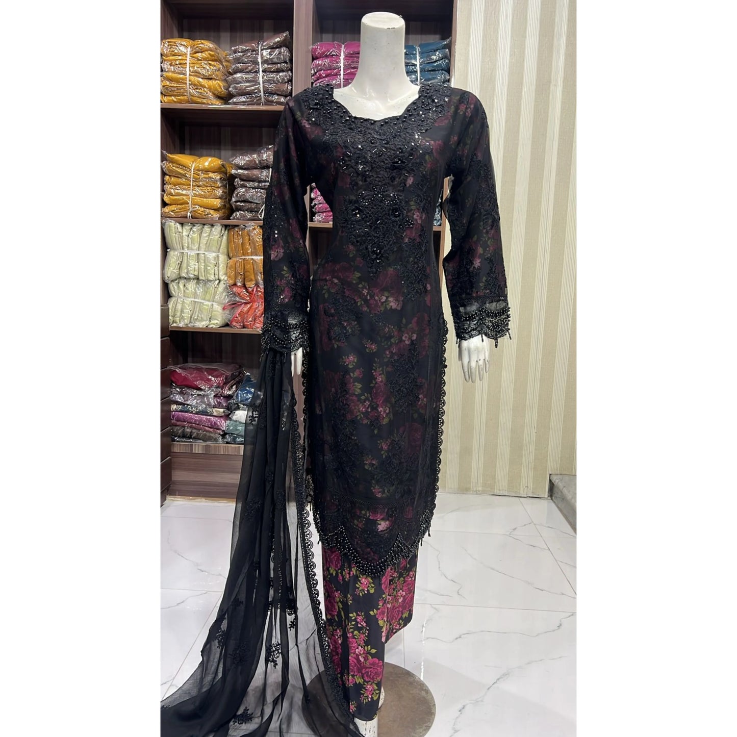 UA-184 Embroidered Chiffon 3-Piece with Printed Lining & Trouser