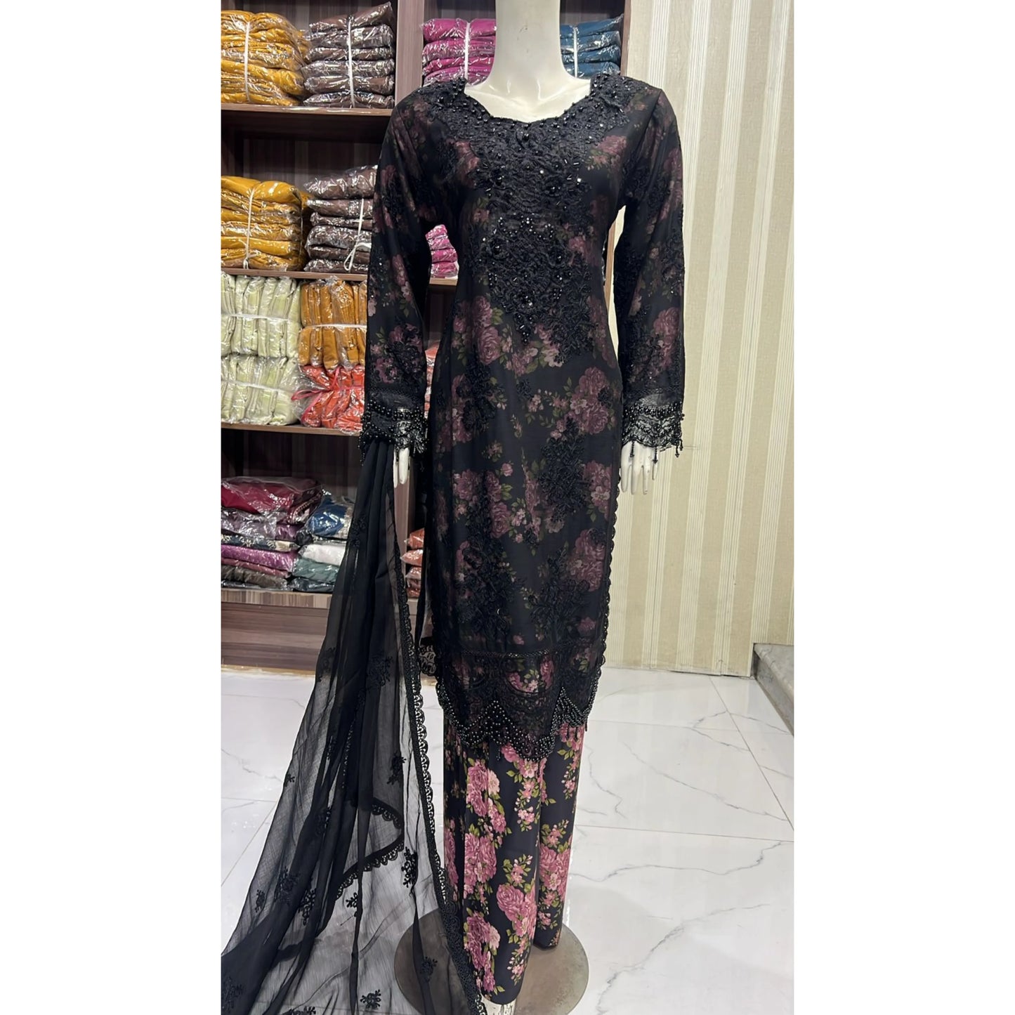 UA-184 Embroidered Chiffon 3-Piece with Printed Lining & Trouser