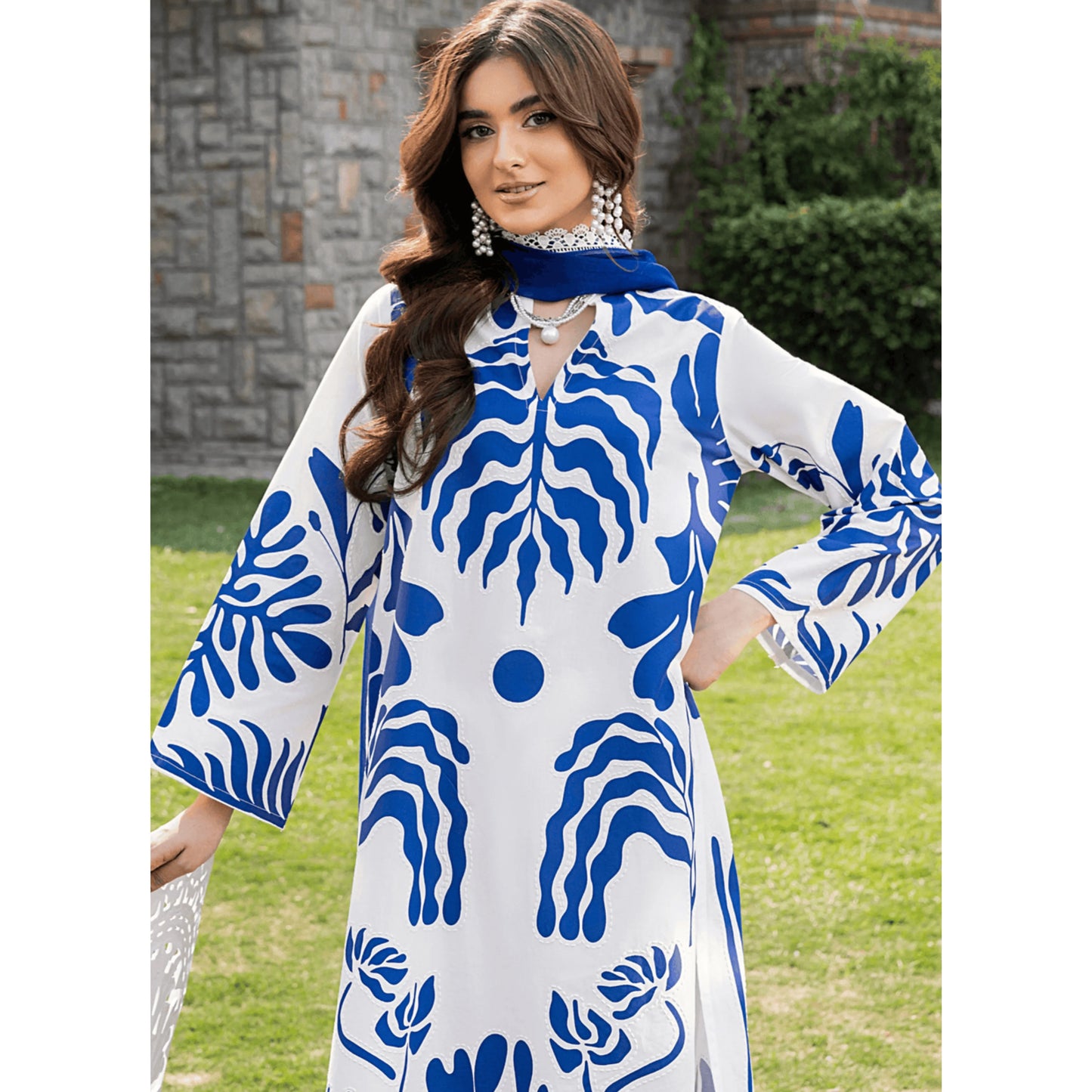UHE-56 (Blue& White) trendy Farshi Shalwar Printed Cambric Cotton Embroidered Dress | Ready to Wear | Heera's