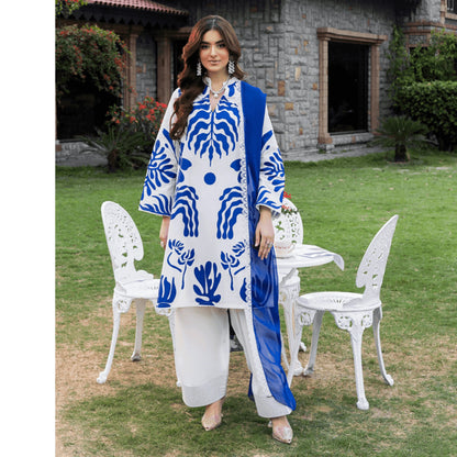 UHE-56 (Blue& White) trendy Farshi Shalwar Printed Cambric Cotton Embroidered Dress | Ready to Wear | Heera's