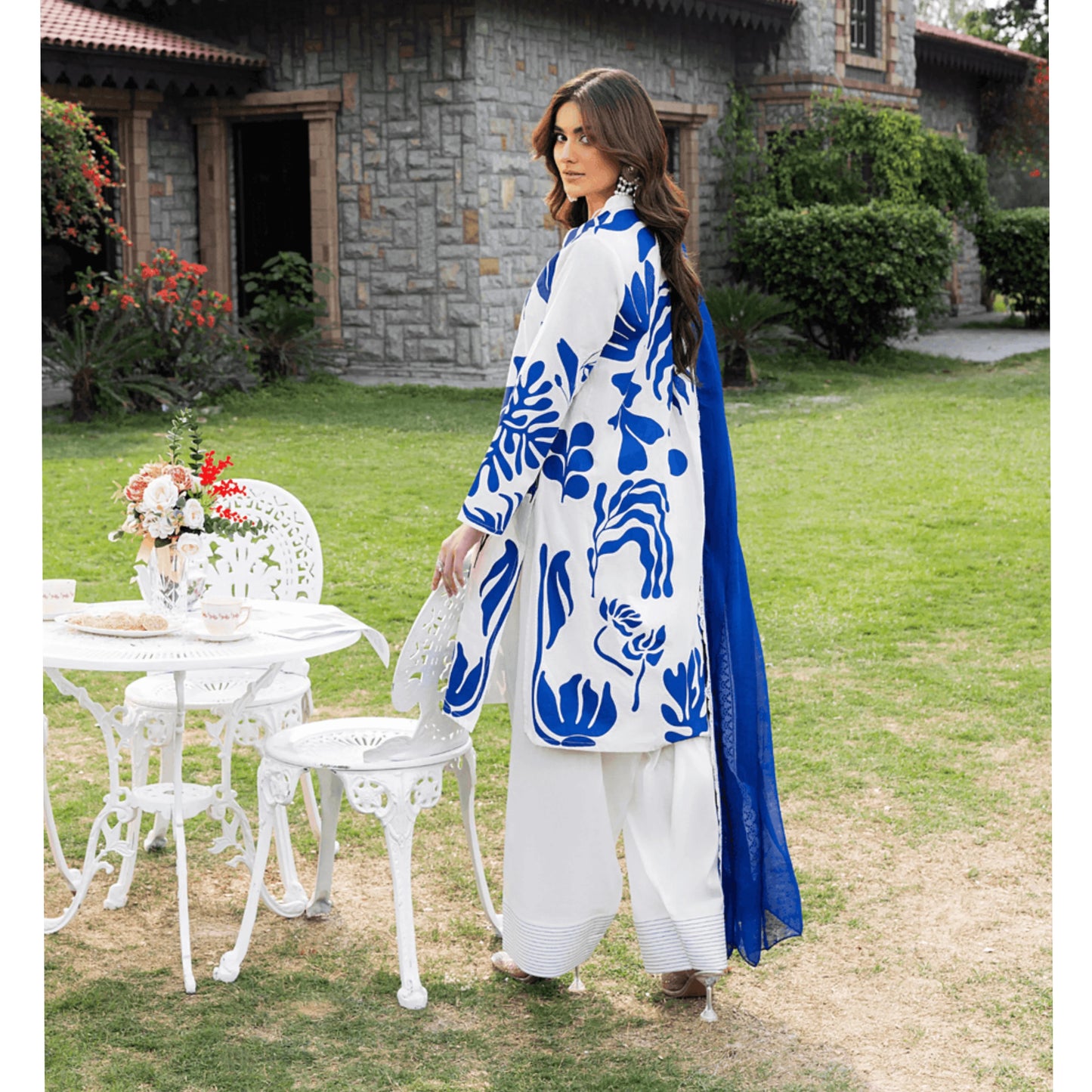 UHE-56 (Blue& White) trendy Farshi Shalwar Printed Cambric Cotton Embroidered Dress | Ready to Wear | Heera's
