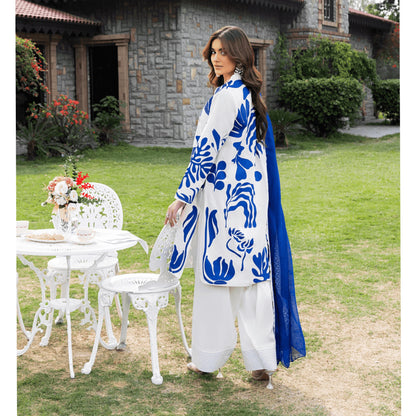 UHE-56 (Blue& White) trendy Farshi Shalwar Printed Cambric Cotton Embroidered Dress | Ready to Wear | Heera's