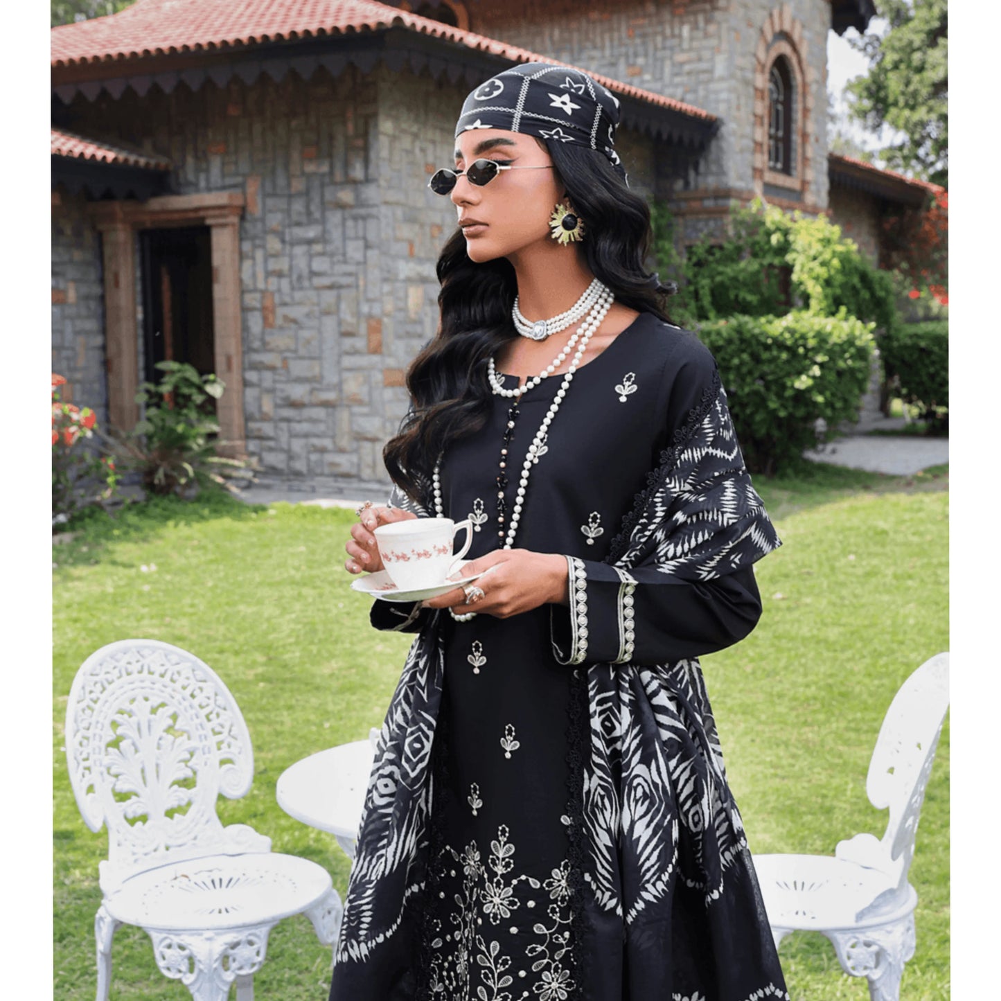UHE-57 (Black & White) trendy Farshi Shalwar Embroidered Cambric Cotton Embroidered Dress | Ready to Wear | Heera's