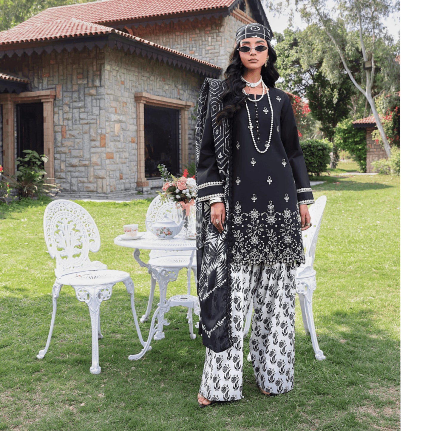 UHE-57 (Black & White) trendy Farshi Shalwar Embroidered Cambric Cotton Embroidered Dress | Ready to Wear | Heera's