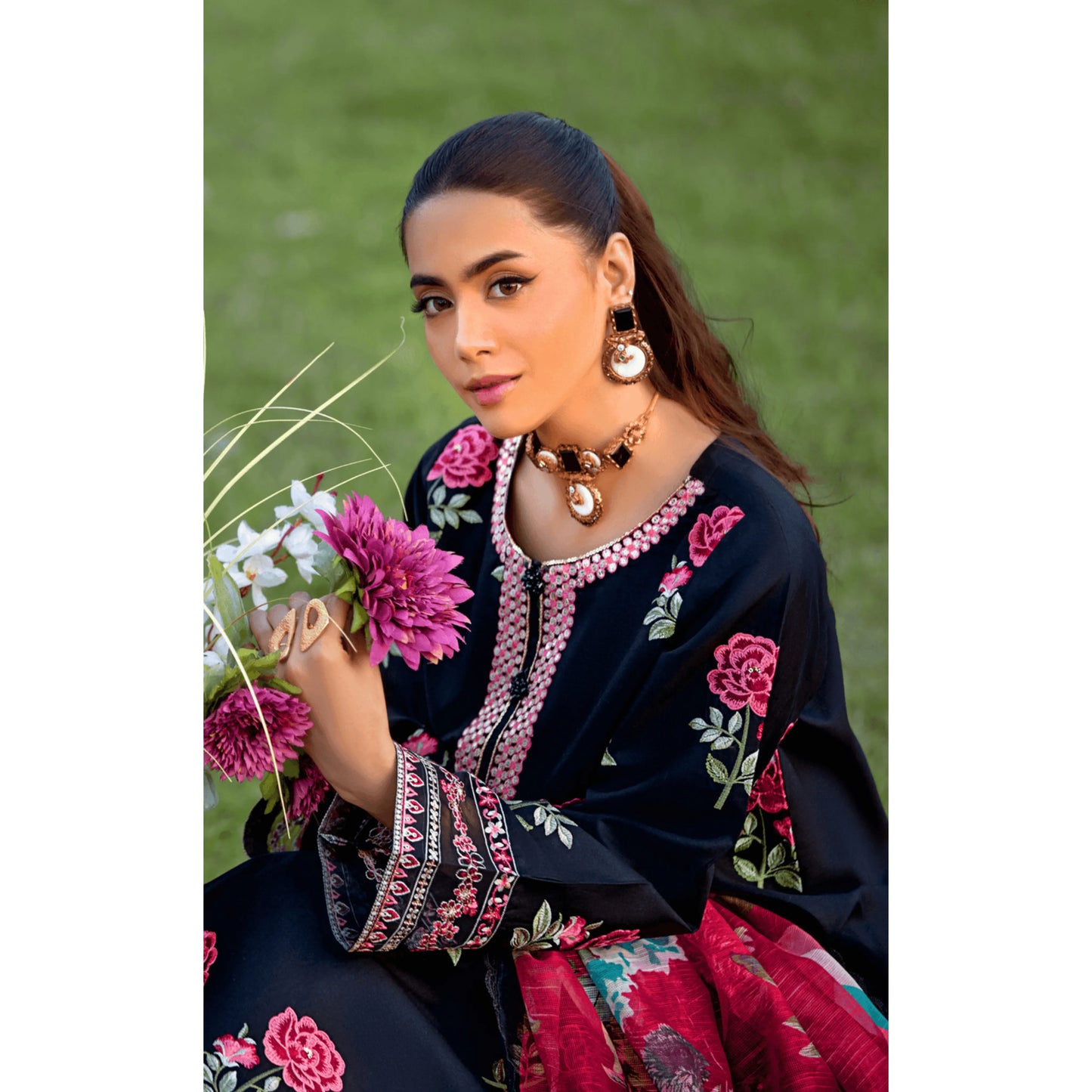 UHE-55 (Black) Luxury Cambric Cotton Embroidered Dress | Ready to Wear | Heera's