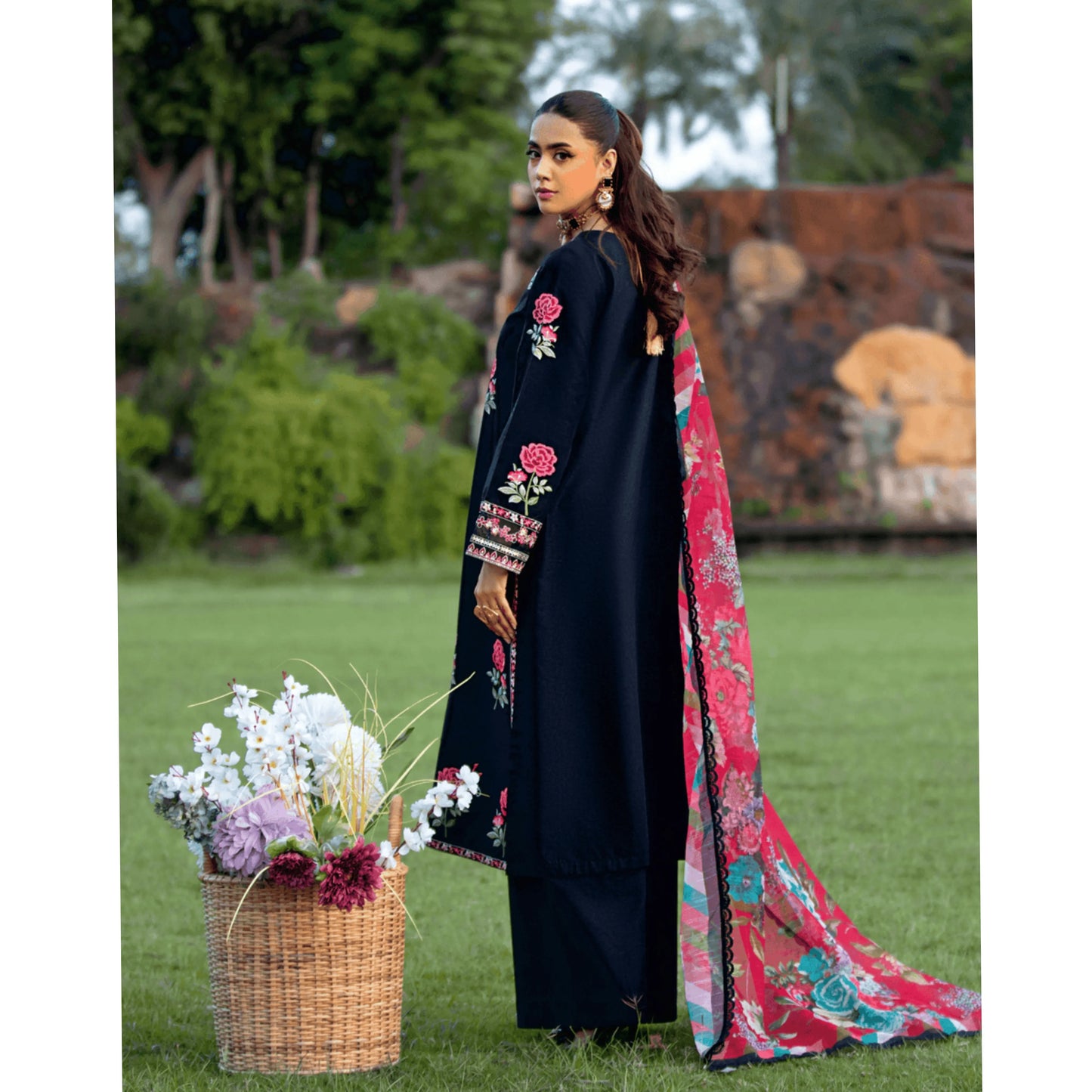 UHE-55 (Black) Luxury Cambric Cotton Embroidered Dress | Ready to Wear | Heera's