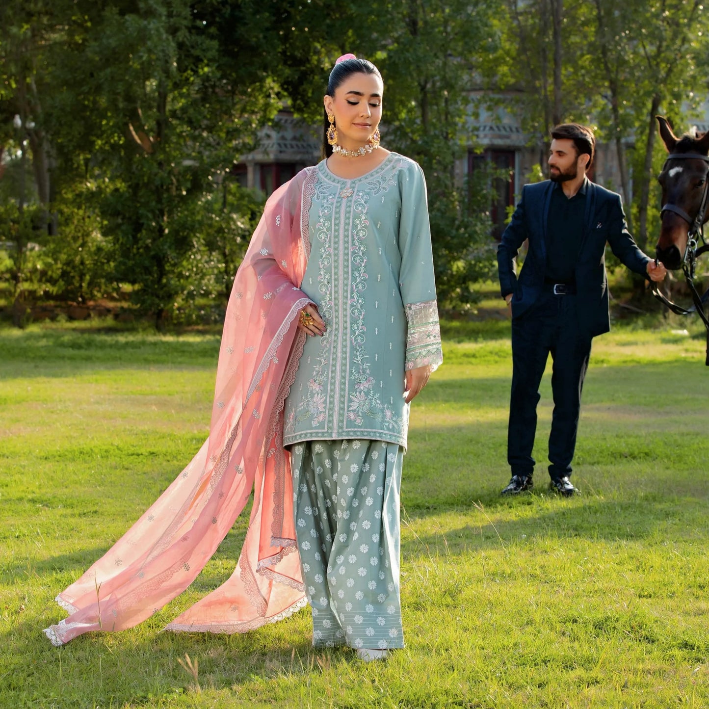 UHE-52 (Light pistachio) 3 Pc Embroidered Cambric Cotton trending Farshi Shalwar ready to wear Dress | Summer Wear | Heera's