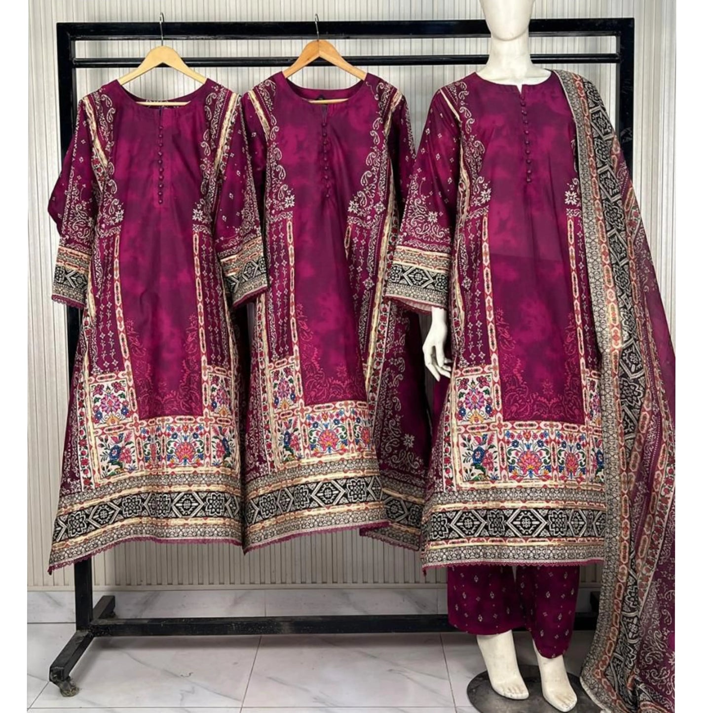 UA-228 Printed Lawn Long Kaftan Style 3  Piece Casual Summer Collection by Umnaa