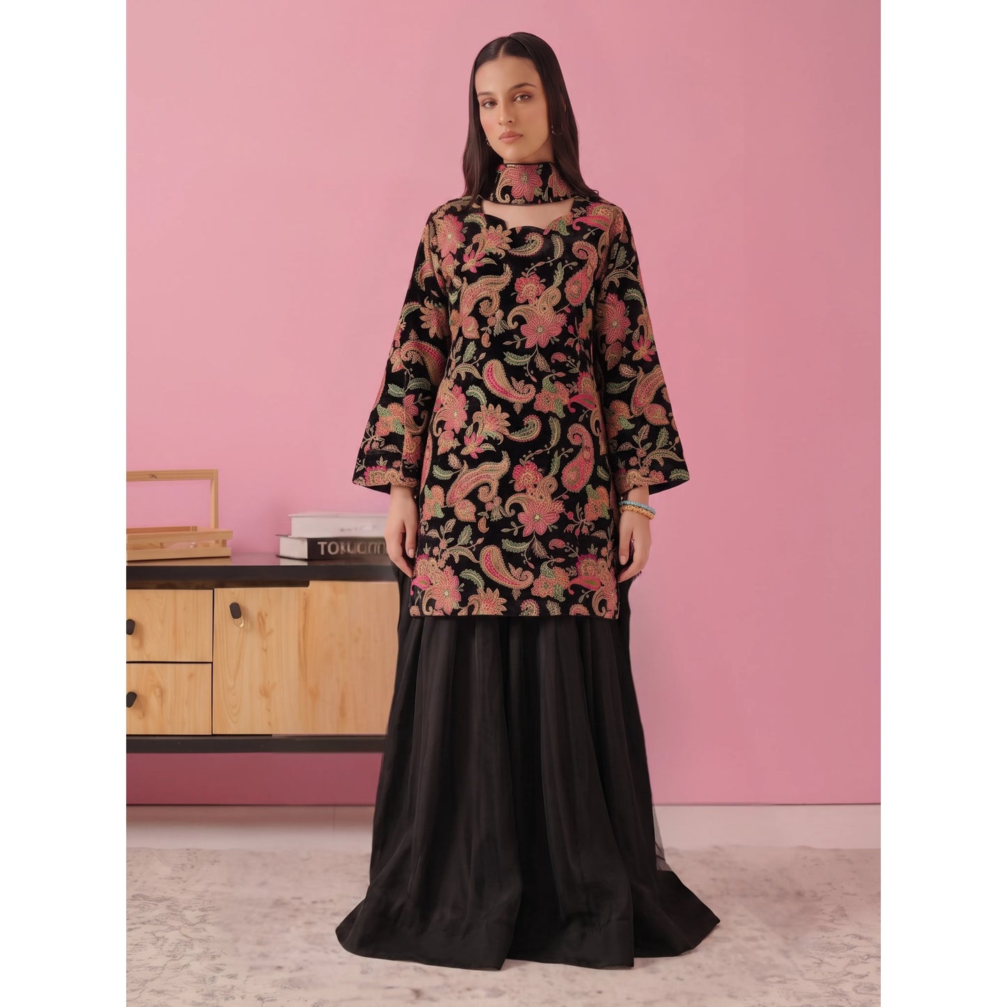 UA-244 Trendy Indian Armani Silk 3 Piece Suit by Umnaa | Embroidered Kameez with Shamoos Silk Bengali Shararah & Chiffon Dupatta | Festive & Party Wear