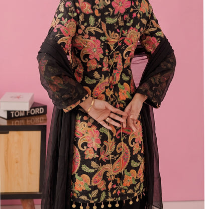 UA-244 Trendy Indian Armani Silk 3 Piece Suit by Umnaa | Embroidered Kameez with Shamoos Silk Bengali Shararah & Chiffon Dupatta | Festive & Party Wear