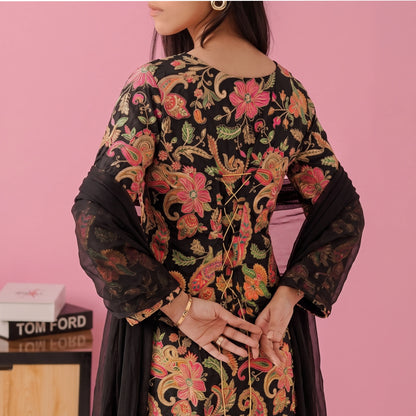 UA-244 Trendy Indian Armani Silk 3 Piece Suit by Umnaa | Embroidered Kameez with Shamoos Silk Bengali Shararah & Chiffon Dupatta | Festive & Party Wear