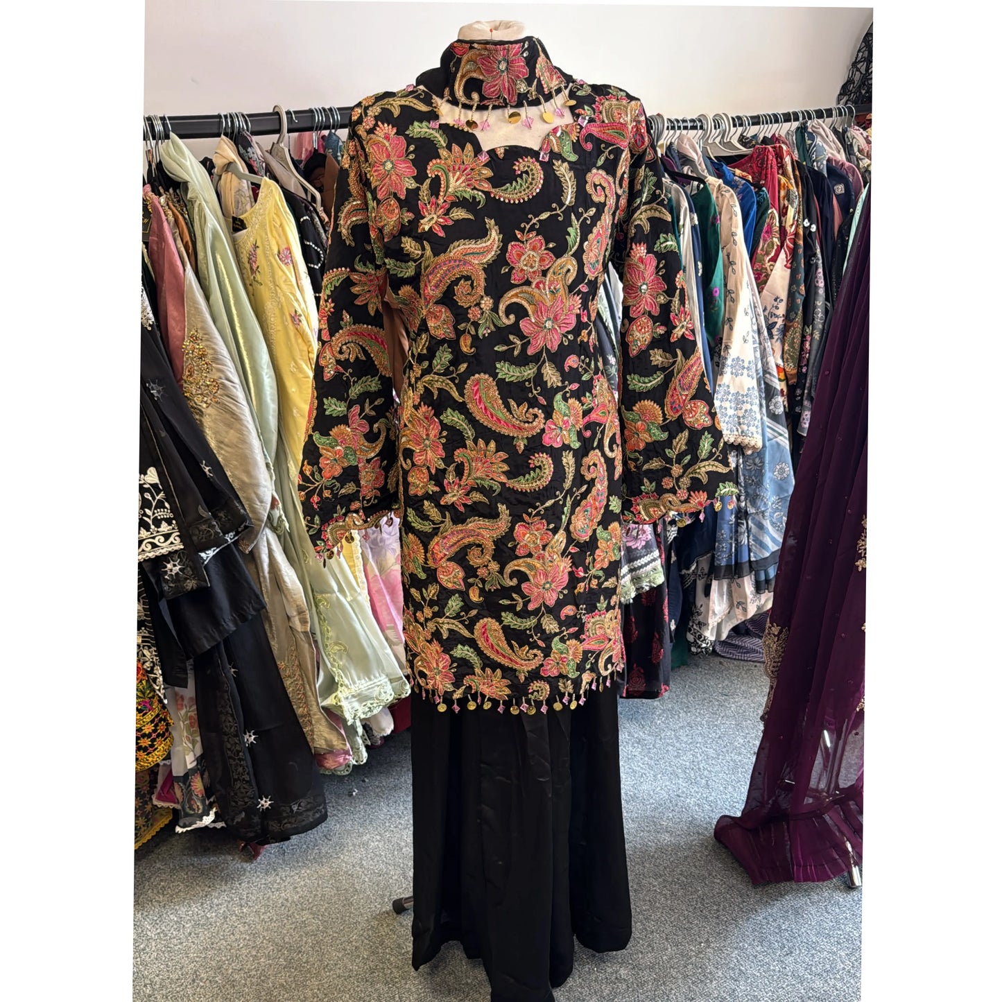 UA-244 Trendy Indian Armani Silk 3 Piece Suit by Umnaa | Embroidered Kameez with Shamoos Silk Bengali Shararah & Chiffon Dupatta | Festive & Party Wear