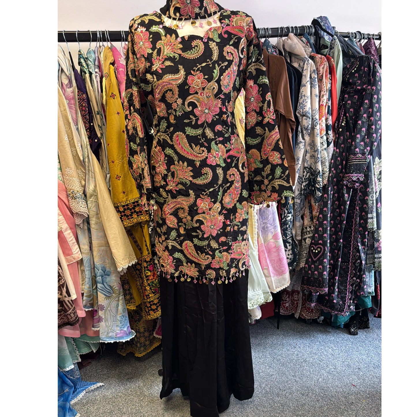 UA-244 Trendy Indian Armani Silk 3 Piece Suit by Umnaa | Embroidered Kameez with Shamoos Silk Bengali Shararah & Chiffon Dupatta | Festive & Party Wear