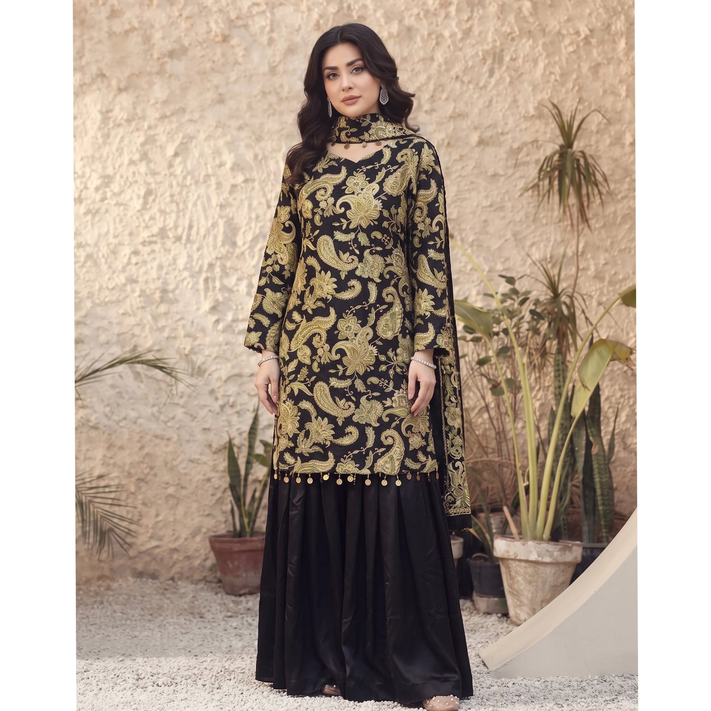 UA-245 Trendy Indian Armani Silk 3 Piece Suit by Umnaa | Embroidered Kameez with Shamoos Silk Bengali Shararah & Chiffon Dupatta | Festive & Party Wear