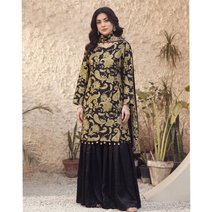 UA-245 Trendy Indian Armani Silk 3 Piece Suit by Umnaa | Embroidered Kameez with Shamoos Silk Bengali Shararah & Chiffon Dupatta | Festive & Party Wear