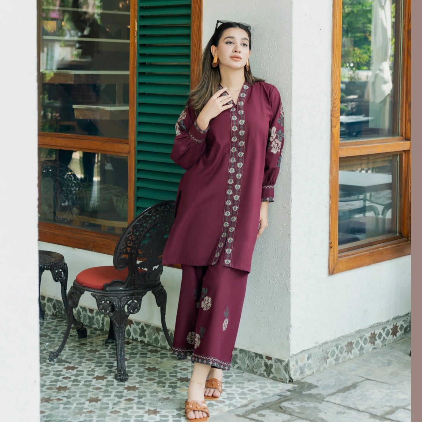 UA-252 Embroidered Cambric Cotton 2 Pc Co-Ord Set by Umnaa