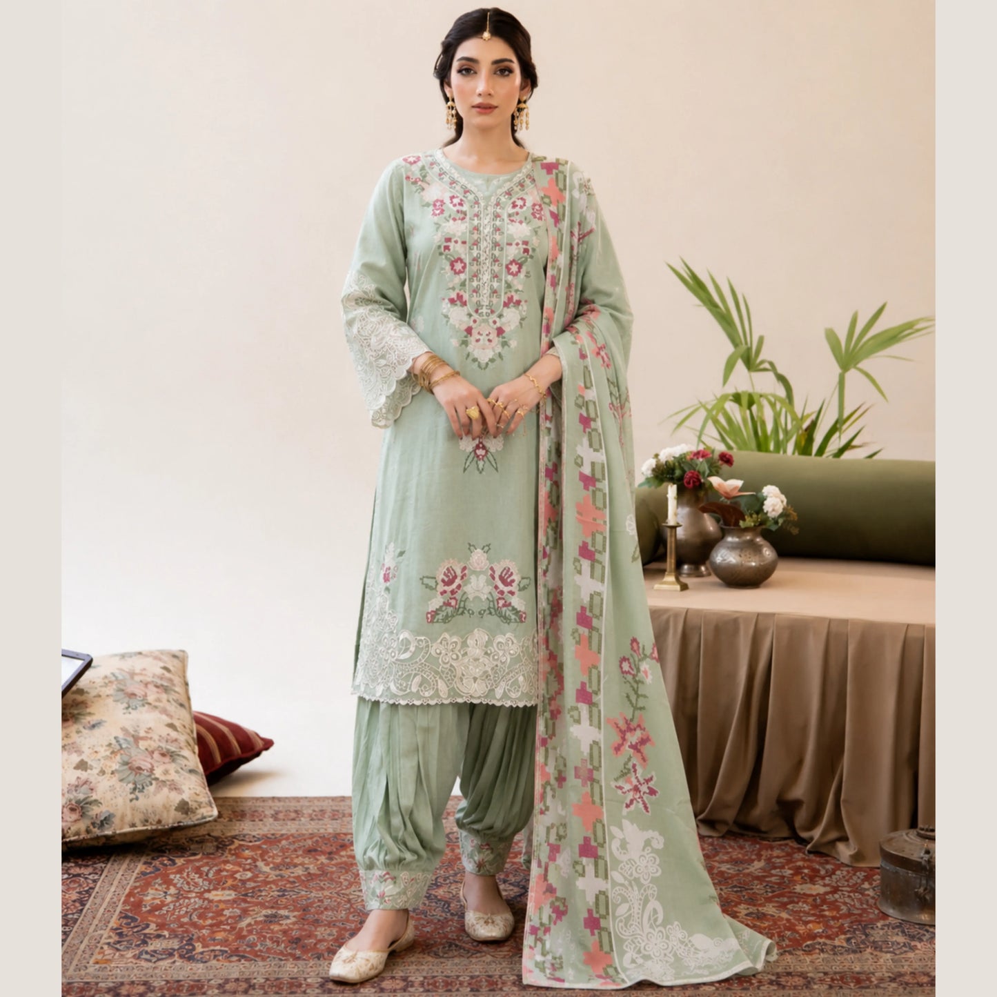 UA-268 Embroidered Cambric Cotton 3 Piece Collection by Umnaa