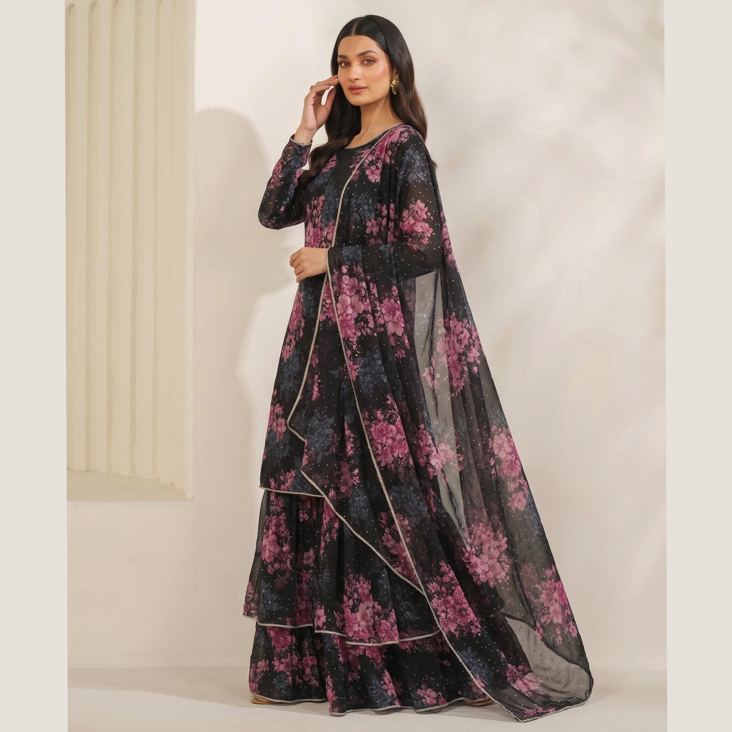 UA-279 Printed Chiffon Georgette with Sharara Collection 3 Pc  | Umnaa