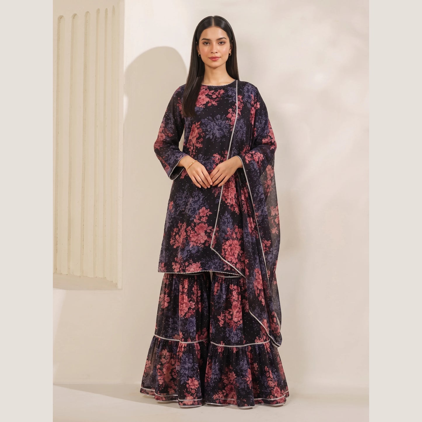 UA-279 Printed Chiffon Georgette with Sharara Collection 3 Pc  | Umnaa
