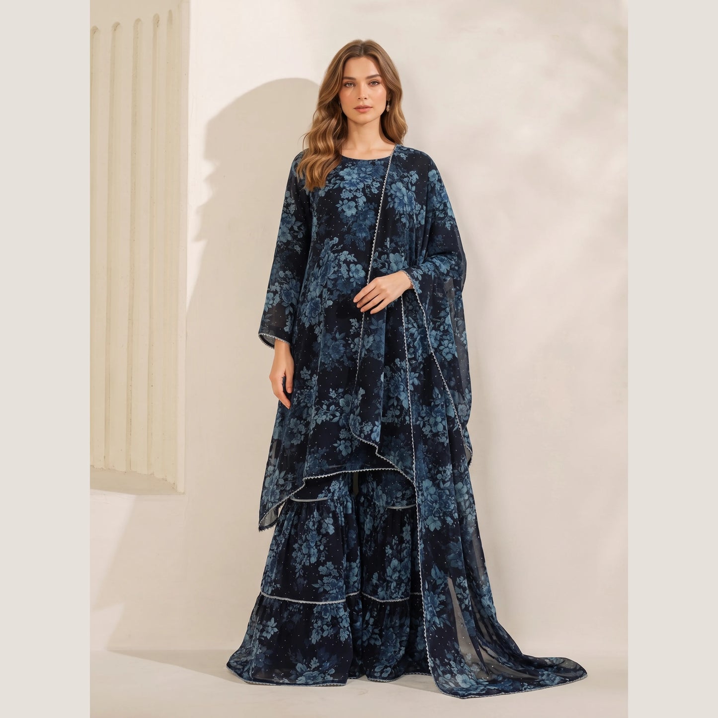UA-279 Printed Chiffon Georgette with Sharara Collection 3 Pc  | Umnaa