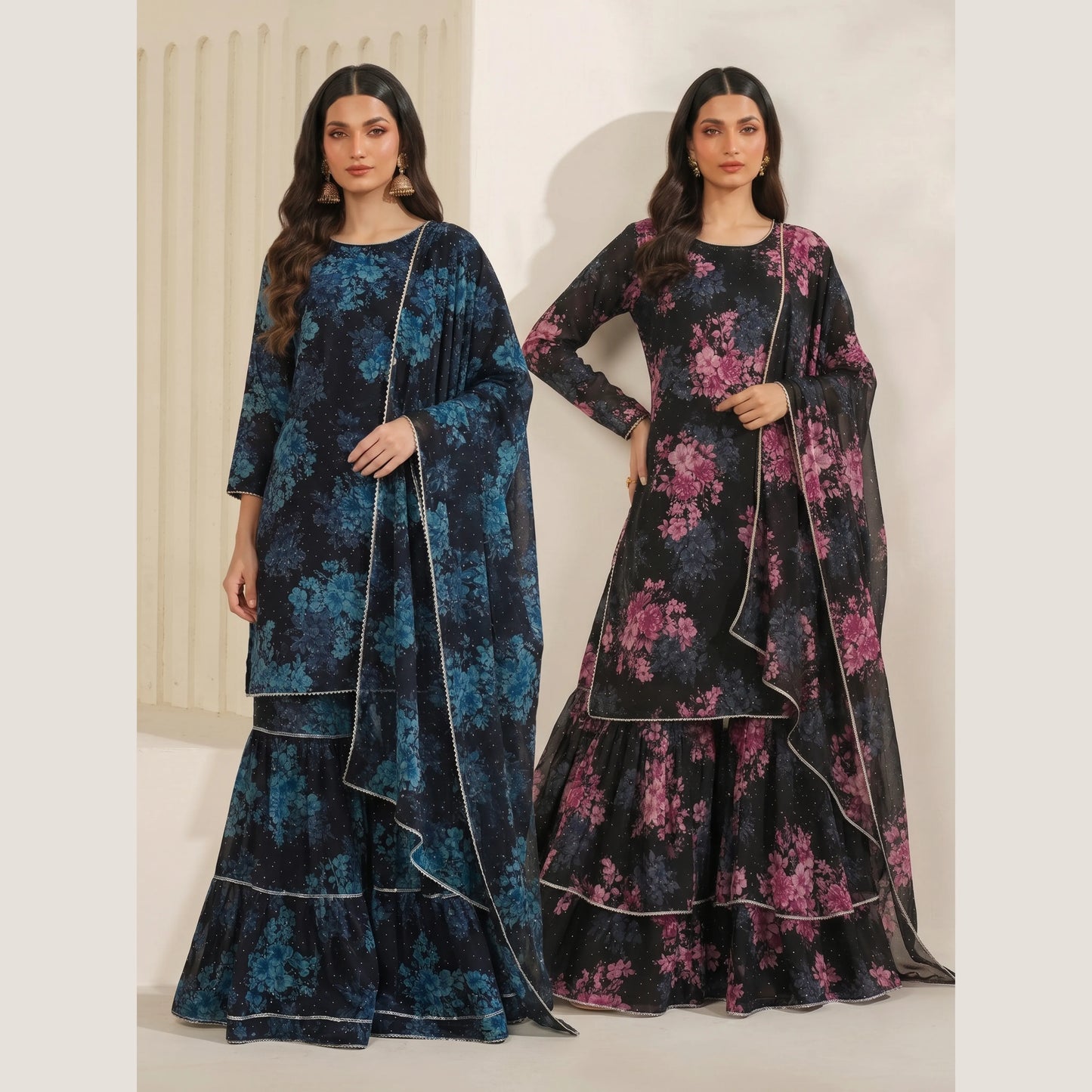 UA-279 Printed Chiffon Georgette with Sharara Collection 3 Pc  | Umnaa