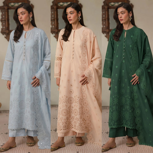 UA-288 3 Pc Chikenkari Lawn Dress - Umnaa