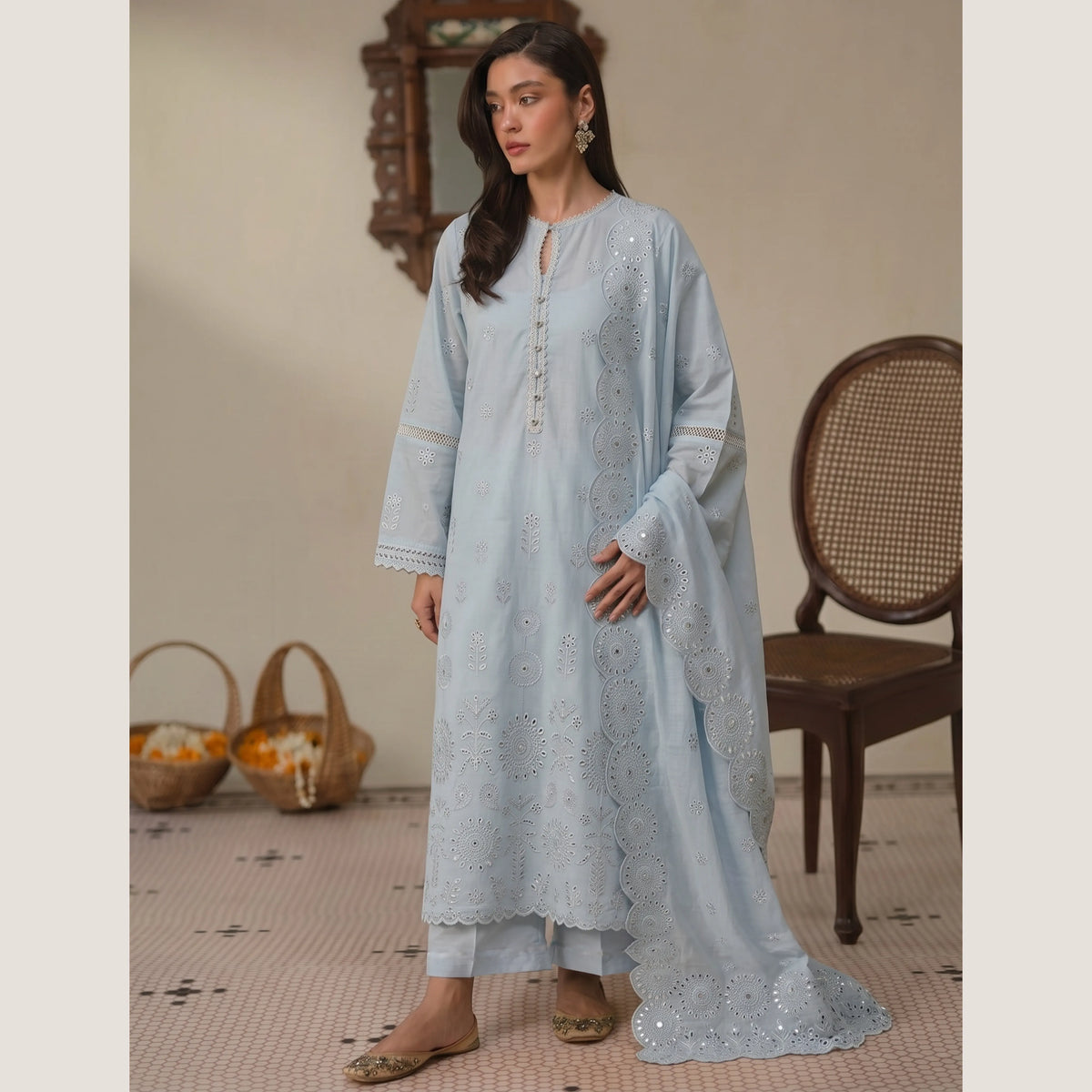 UA-288 3 Pc Chikenkari Lawn Dress - Umnaa
