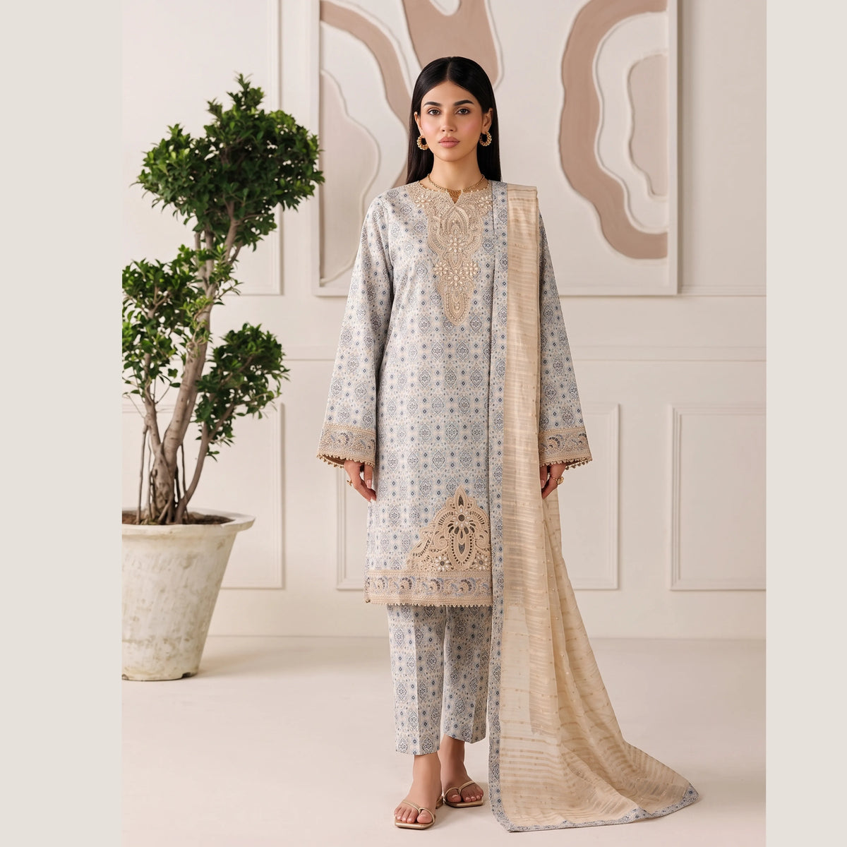 (Light blue) 3 Pc Embroidered Printed Lawn Dress (RIVAAJ)