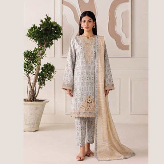 (Light blue) 3 Pc Embroidered Printed Lawn Dress (RIVAAJ)