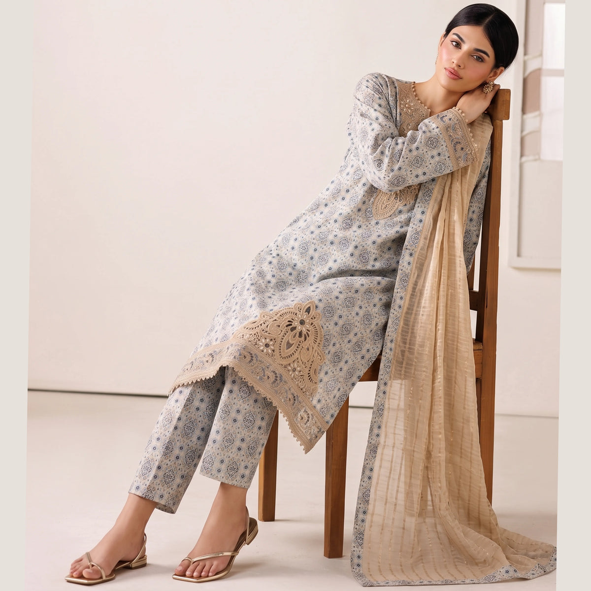 (Light blue) 3 Pc Embroidered Printed Lawn Dress (RIVAAJ)