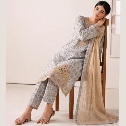 (Light blue) 3 Pc Embroidered Printed Lawn Dress (RIVAAJ)