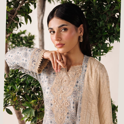 (Light blue) 3 Pc Embroidered Printed Lawn Dress (RIVAAJ)
