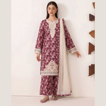 (Magenta) 3 Pc Embroidered Printed Lawn Dress