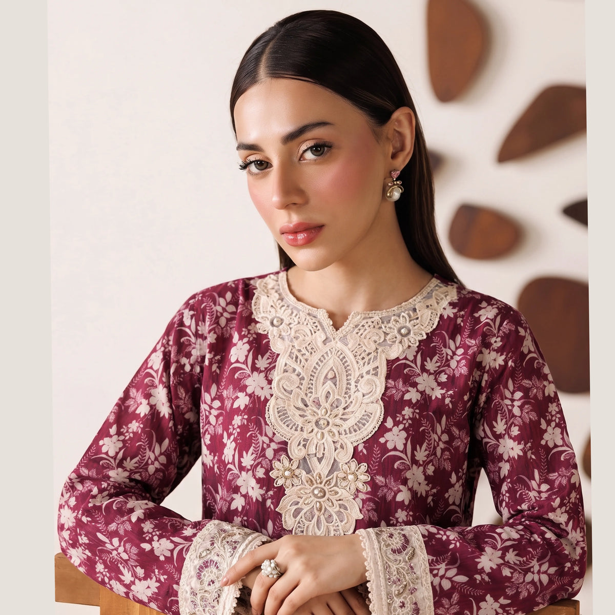 (Magenta) 3 Pc Embroidered Printed Lawn Dress