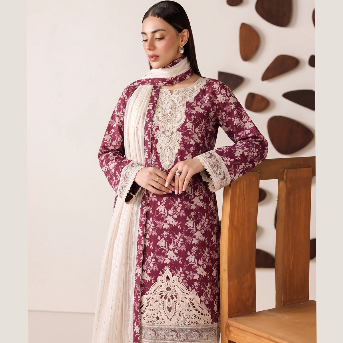 (Magenta) 3 Pc Embroidered Printed Lawn Dress