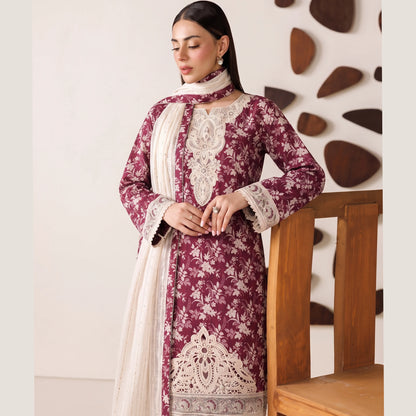 (Magenta) 3 Pc Embroidered Printed Lawn Dress