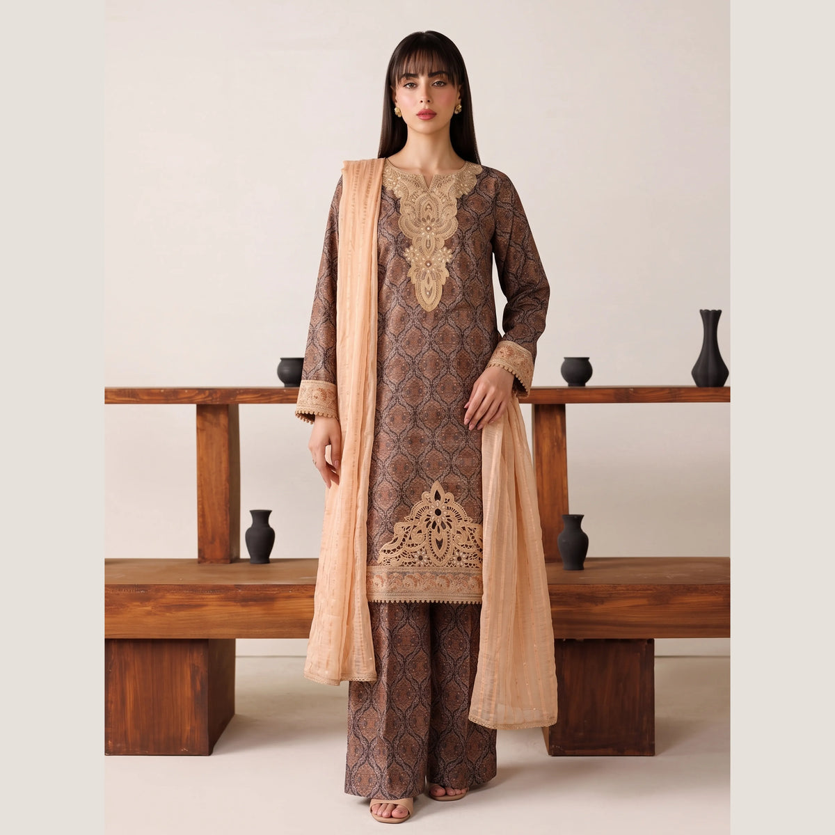 (Brown) 3 Pc Embroidered Printed Lawn Dress (RIVAAJ)