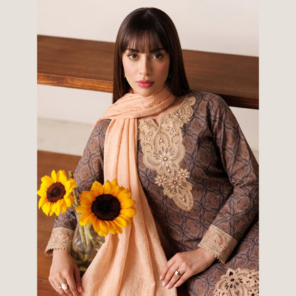 (Brown) 3 Pc Embroidered Printed Lawn Dress (RIVAAJ)