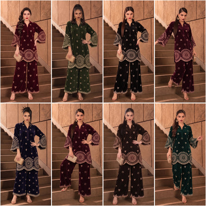 UA-318 Embroidered Velvet Co-Ord Set | Umnaa