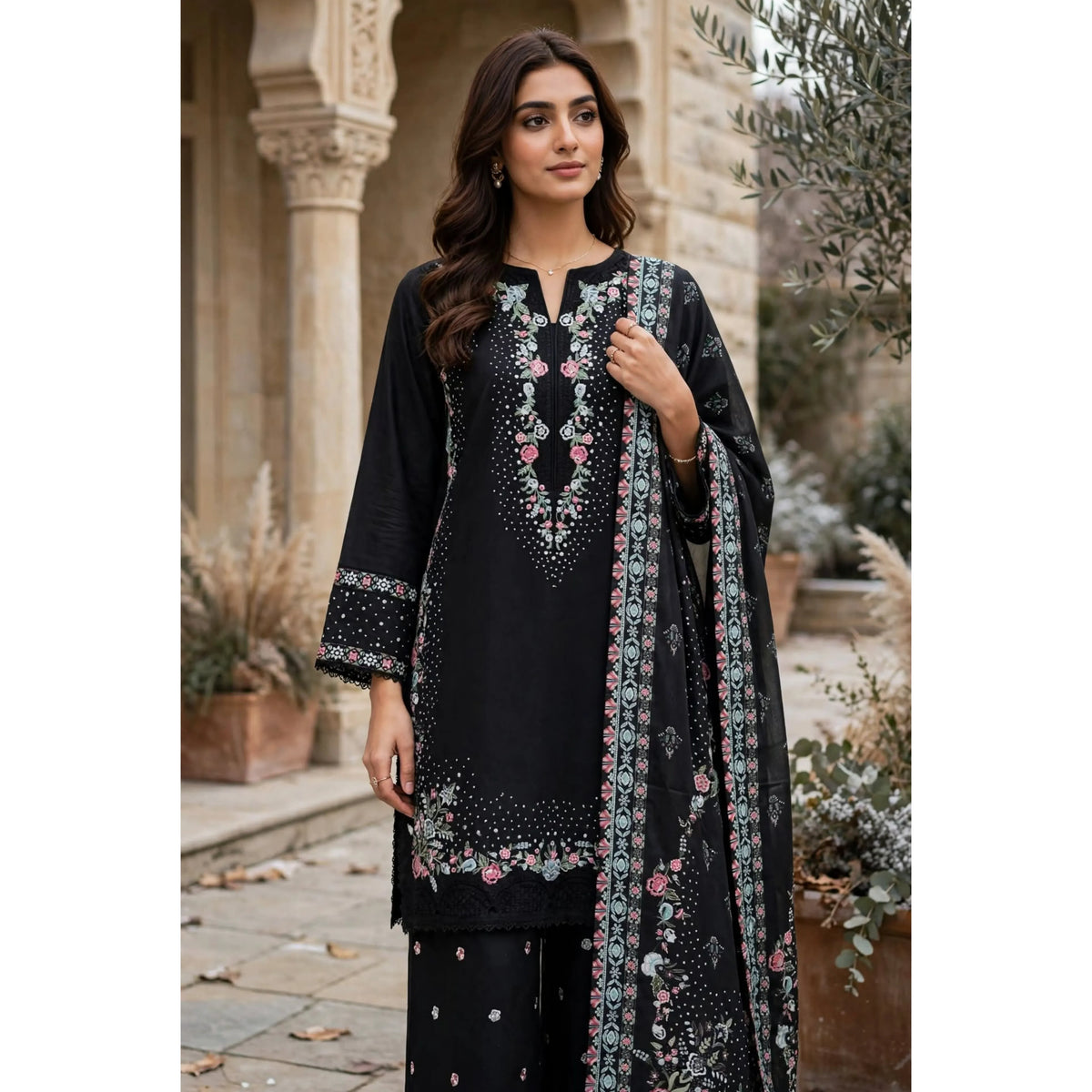 UA-321 Embroidered Dhanak 3 Pc Dress | Umnaa