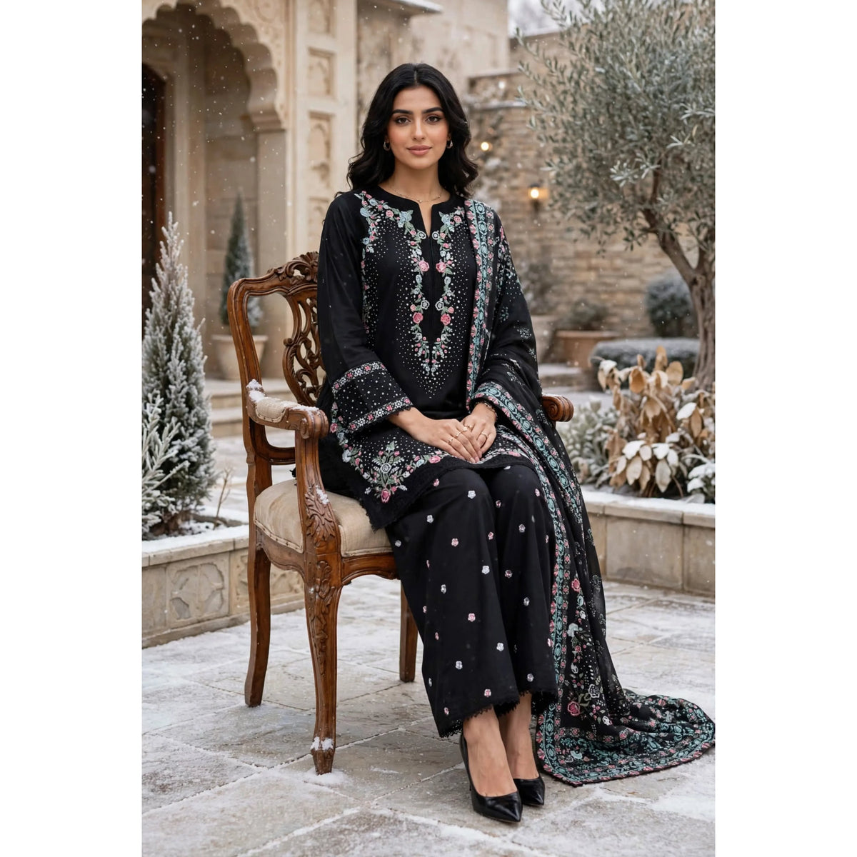 UA-321 Embroidered Dhanak 3 Pc Dress | Umnaa
