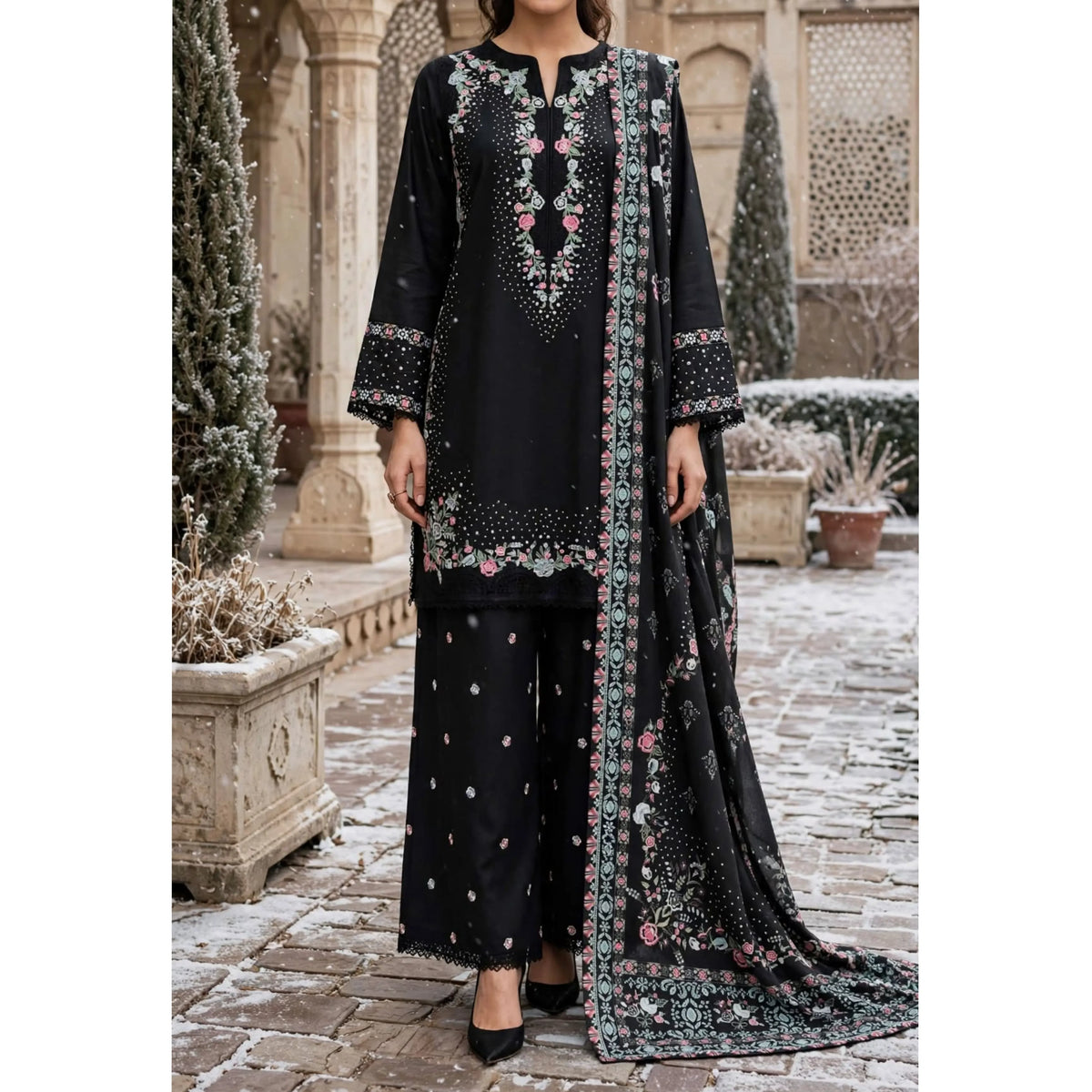 UA-321 Embroidered Dhanak 3 Pc Dress | Umnaa